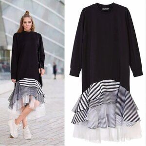 Long Sleeve Long Black Dress with White/Black Asymetrical Bottom layers